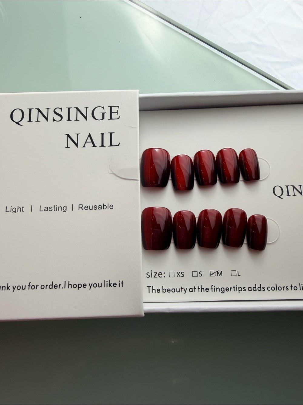Deep Red Reusable Press-On Nail Set Cat Eye Red Med for Sandy